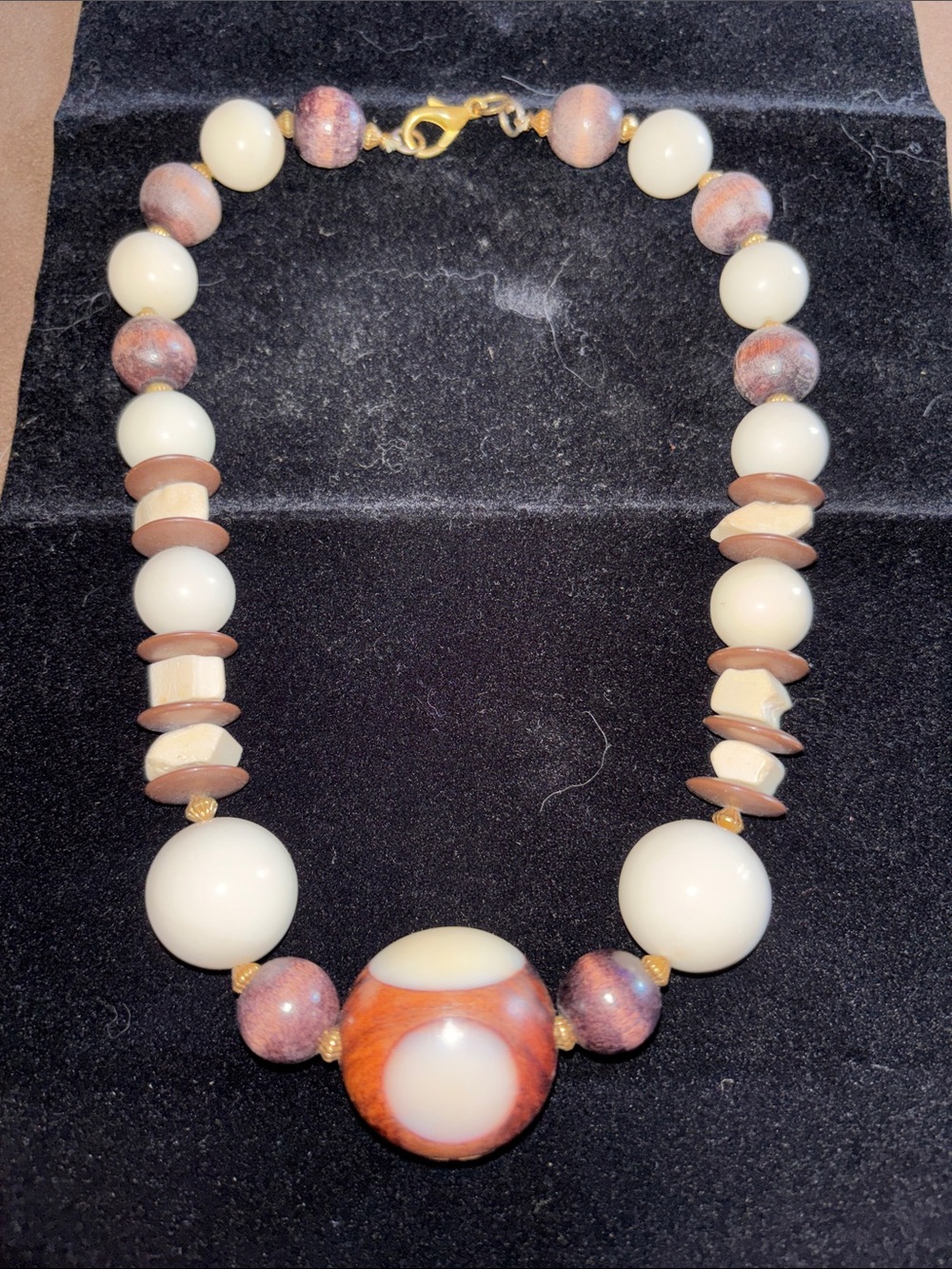Handcrafted Vintage Ivory Color and Brown Wood Beaded Necklace